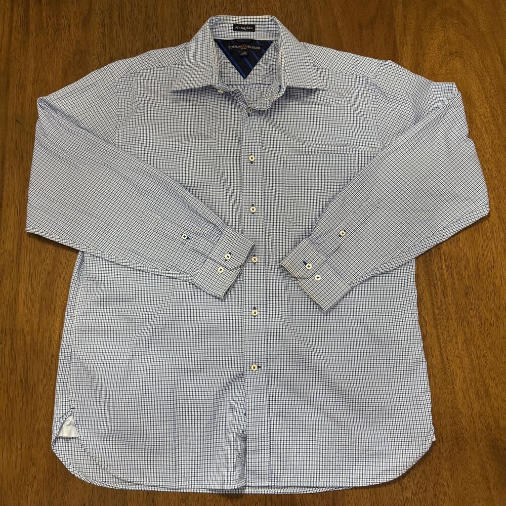 Tommy Hilfiger Mens Large 80s 2 Ply Cotton Blue White Check Button Up Shirt